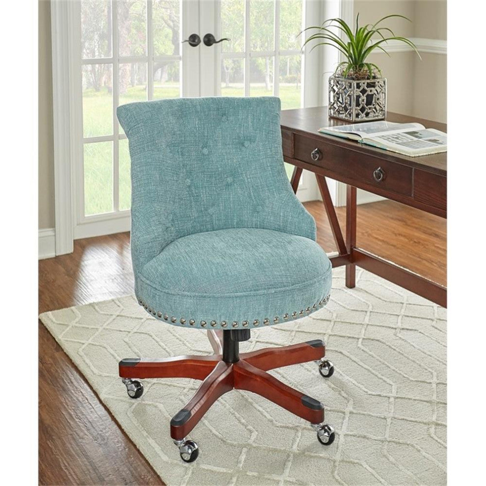 Linon Sinclair Upholstered Office Chair Wood Base with Wheels in Aqua Blue