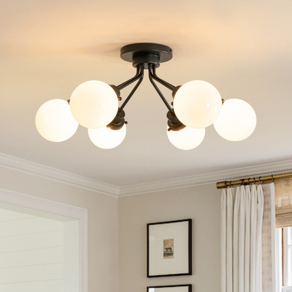 Mid-Century Modern 6-Light Sputnik Glass Globe Semi Flush Mount