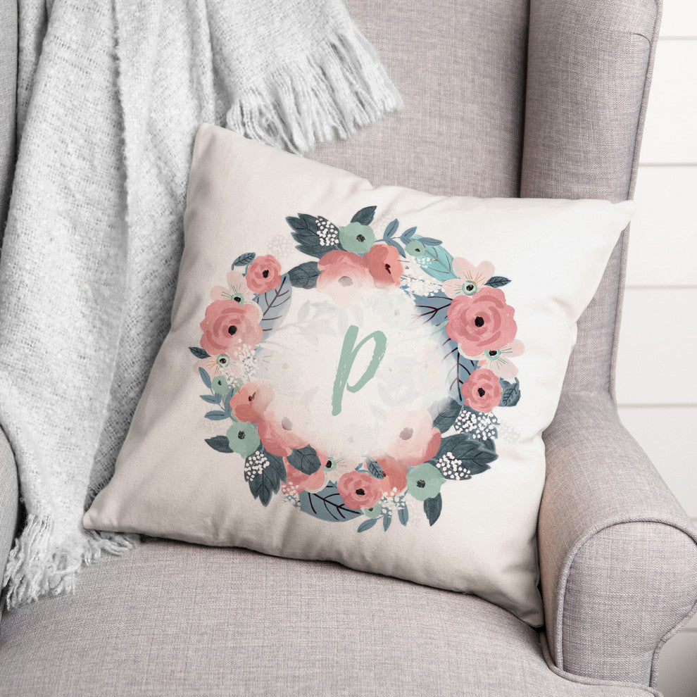 P Monogram Wreath 18x18 Spun Poly Pillow