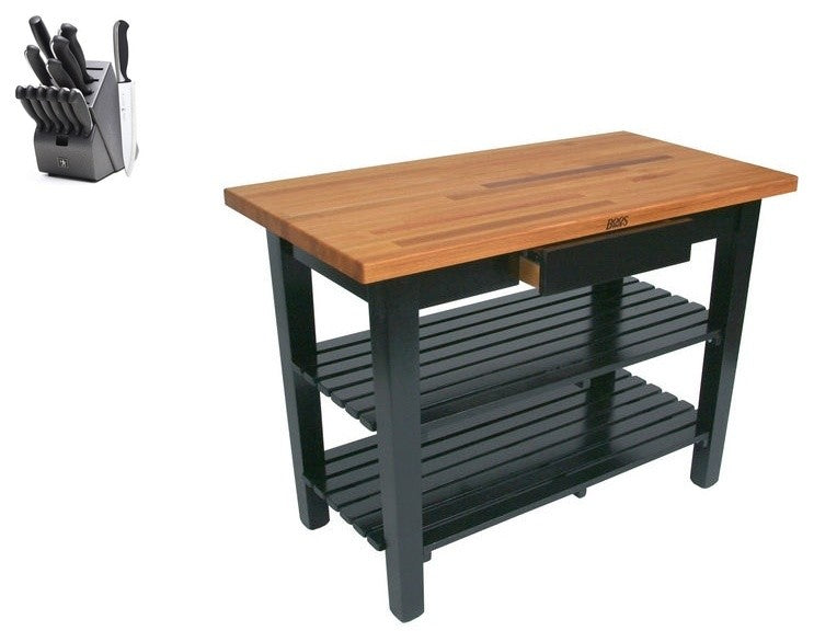 John Boos Oak Classic Country Table 48x30 and Henckels Knife Set, Black Caviar, Two Shelves, No Drawer, Casters