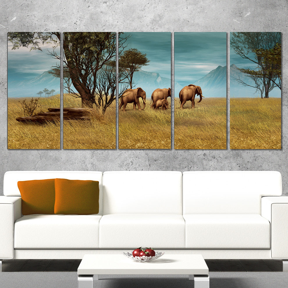 African Elephants Panorama, African Canvas Art Print, 60"x28", 5 Panels
