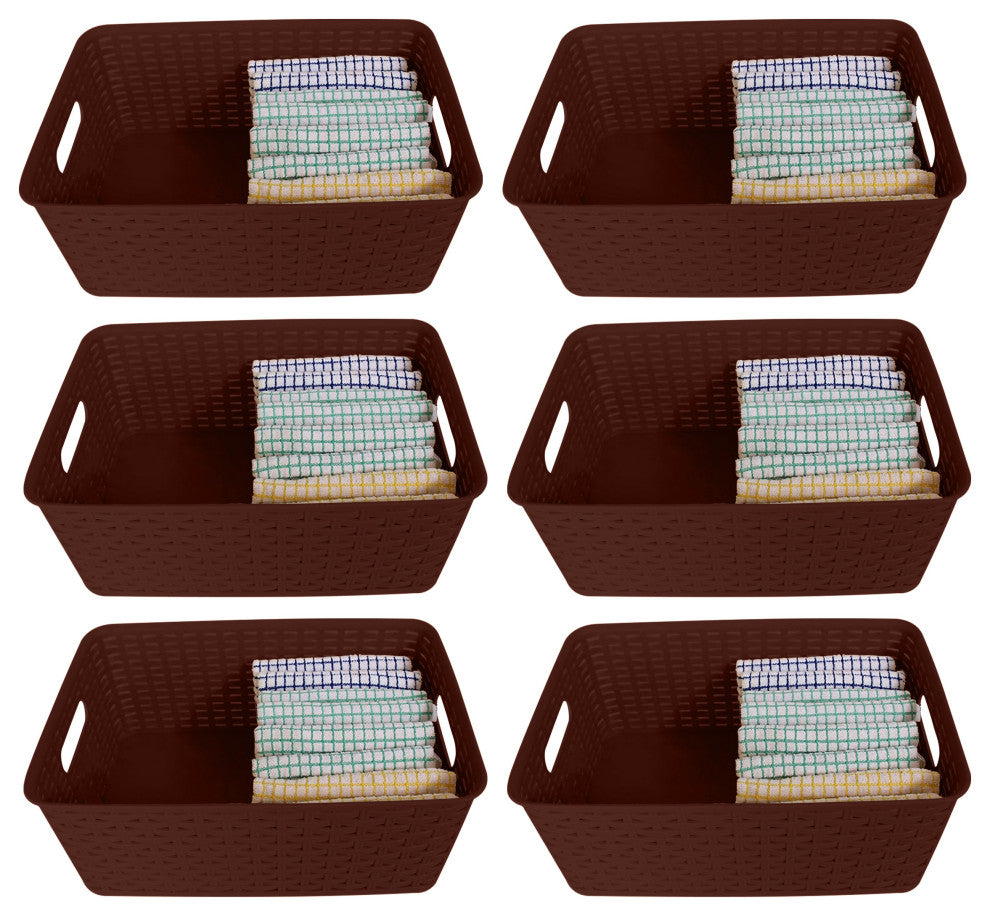 Plastic Rattan Storage Box Basket Organizer, Brown, Small-Pack of 6