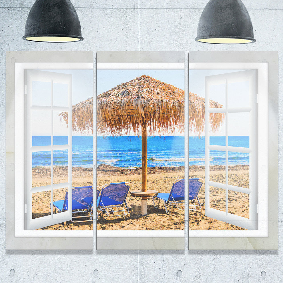 "Window Open to Beach Hut With Chairs" Metal Wall Art, 3 Panels, 36"x28"