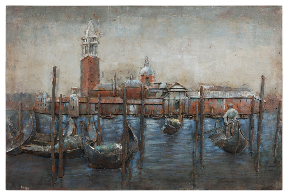 Gondolas Wall Art Mixed Media Hand Painted Iron Wall Sculpture, 48"x 32"