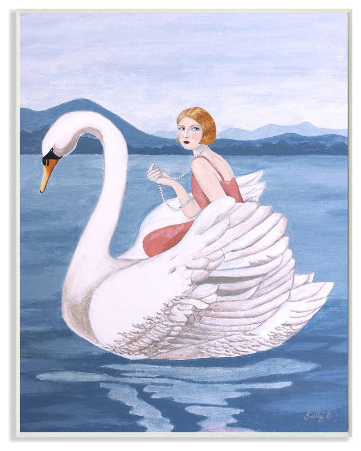 Woman And Swan Blue Water Animal Painting, 10"x15"