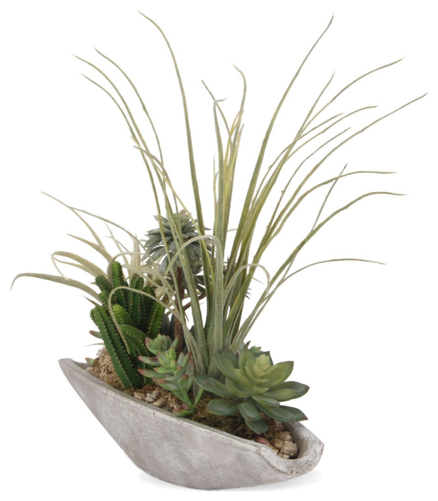 Artificial Succulents Arrangement in Cement Boat Pot