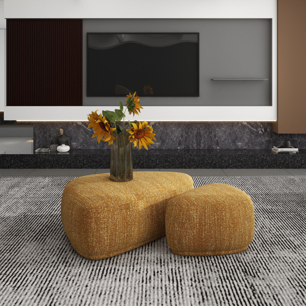 Pebble 44" & 26" Rounded Triangle Cocktail Ottoman Set, Mustard Yellow Tweed