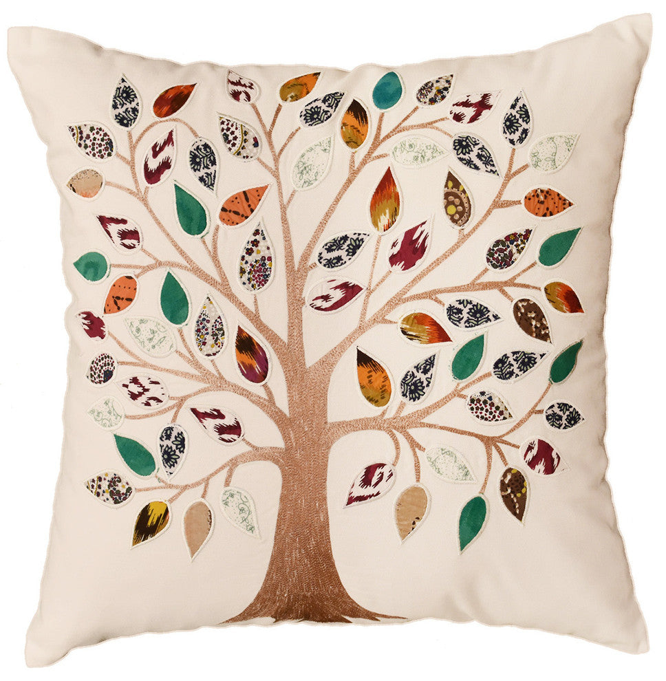 White Tree of Life Decorative Pillow Cover Cotton Applique Work Designs 18x18"