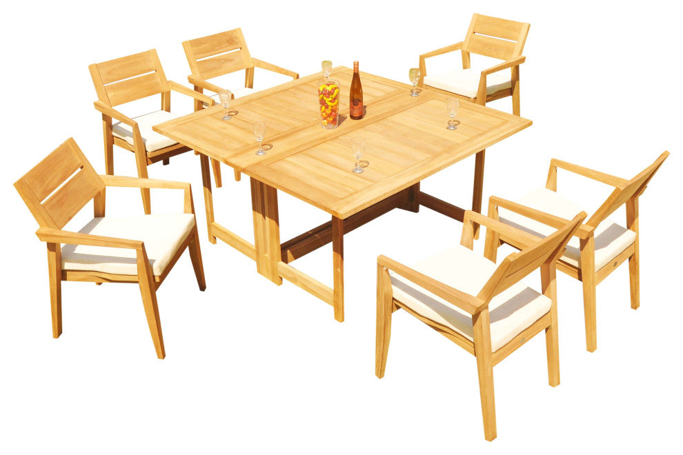 7-Piece Outdoor Teak Set: 60" Square Butterfly Table, 6 Celo Stacking Arm Chairs