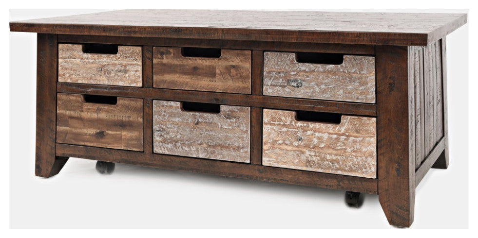 Painted Canyon Rustic Solid Acacia Box Coffee Table with Pull-Through Drawers