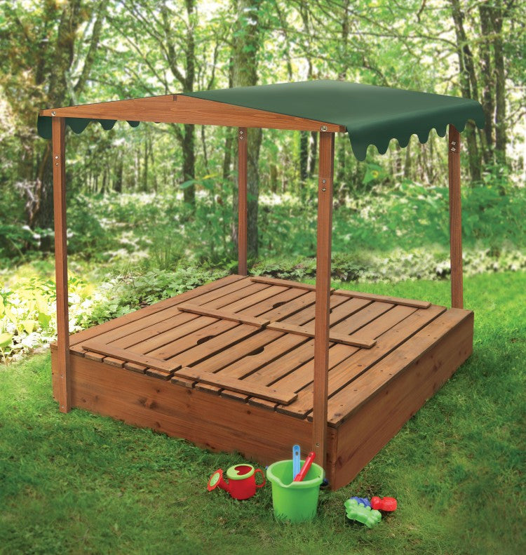 Covered Convertible Cedar Sandbox With Canopy And Two Bench Seats