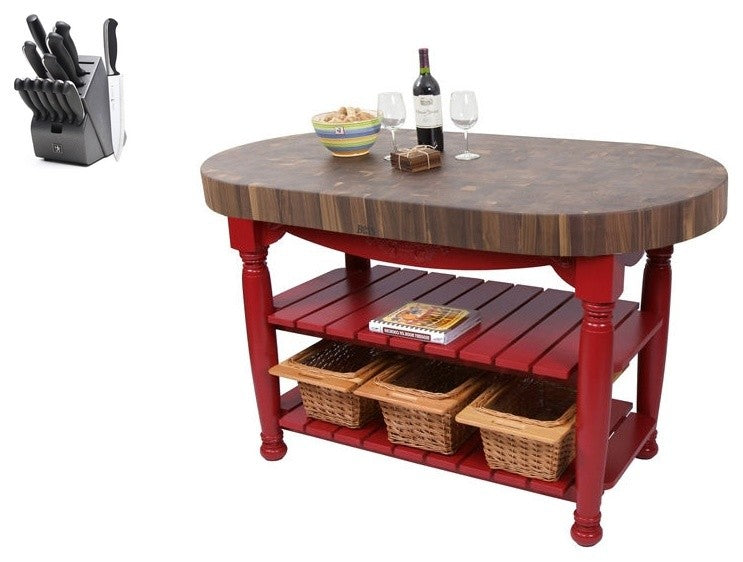 John Boos Harvest Table 60x30 Block and Henckels Knife Set, Barn Red