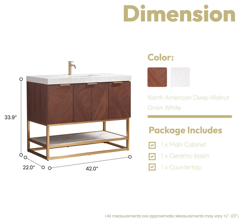Mahon Bath Vanity, Stone Top, Brushed Gold Base, 42", Single Vanity, No Mirror