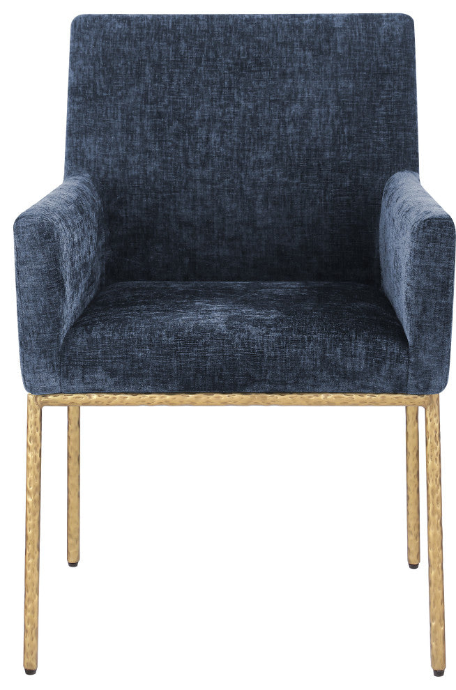Reeves Upholstered Dining Chair, Navy, Chenille , AC,  Brushed Brass, Set of 2