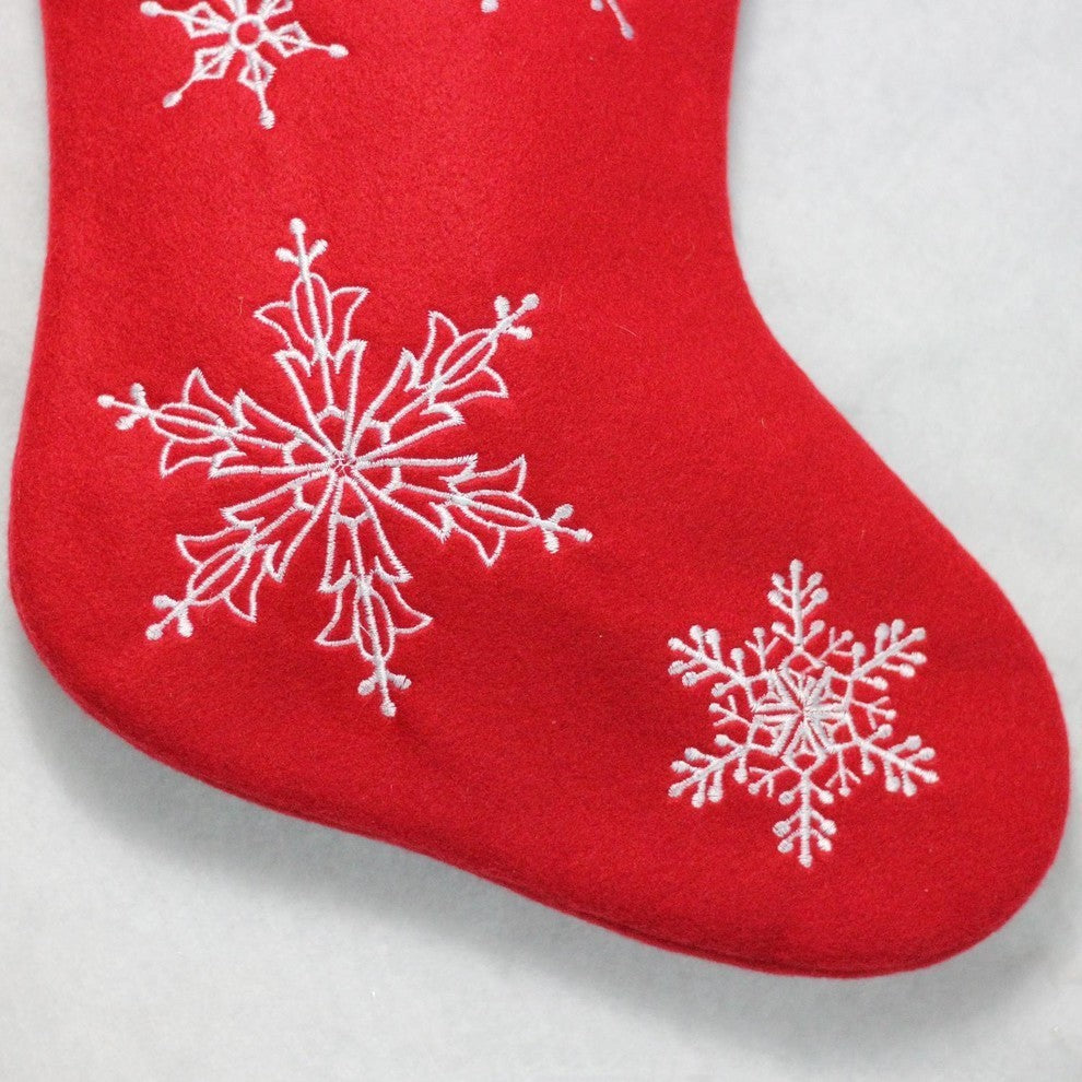 16" Red and White "Merry Christmas" Snowflake Embroidered Christmas Stocking