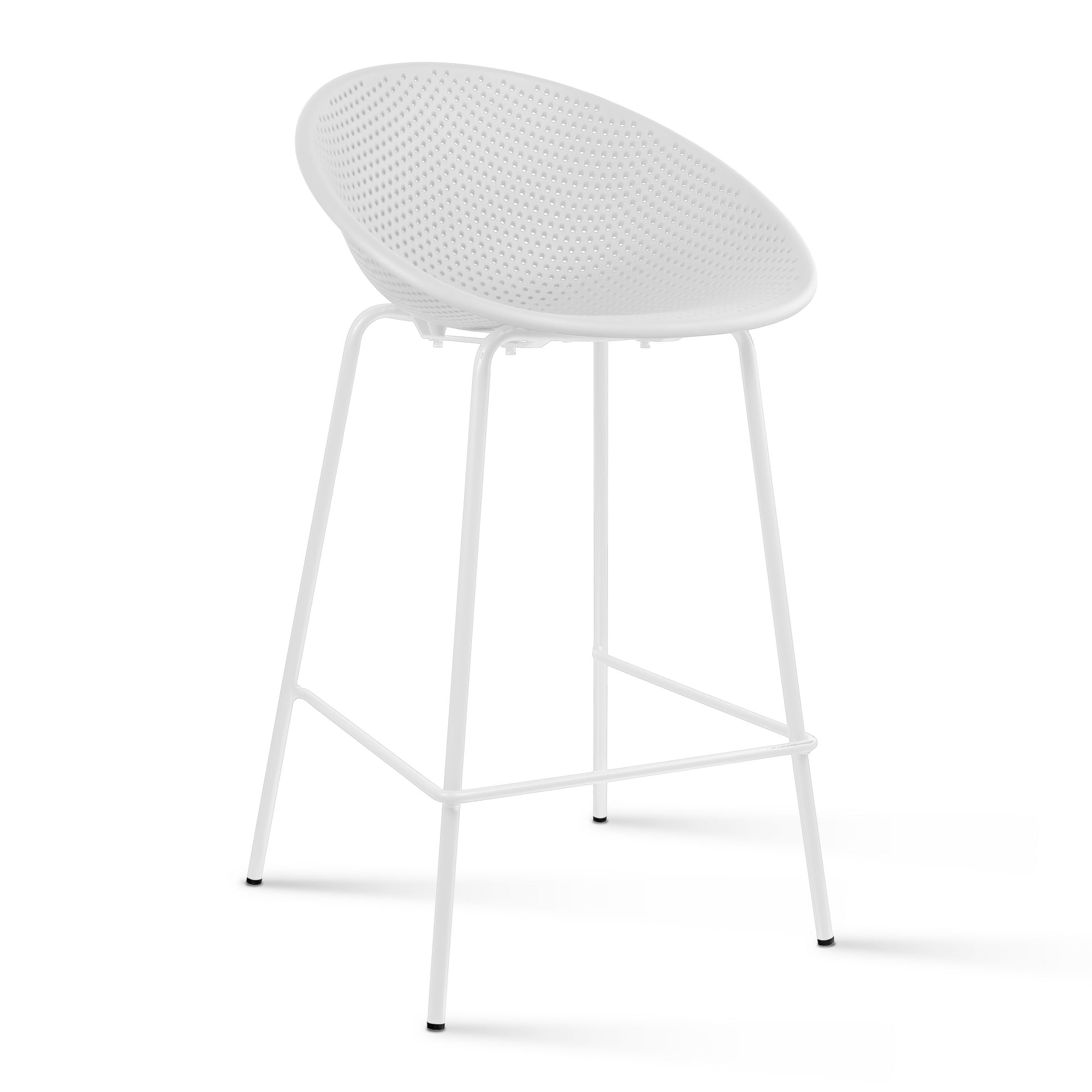 Set of 2 Modern Counter Stools with Perforated Low Back and Metal Frame, 25.5", White