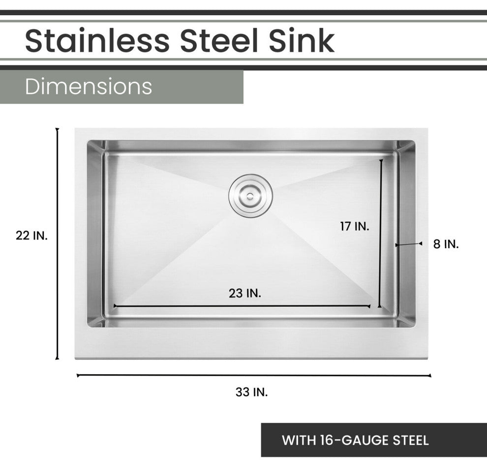 33" Stainless Steel Flush Mount Single Bowl Sink, Apron