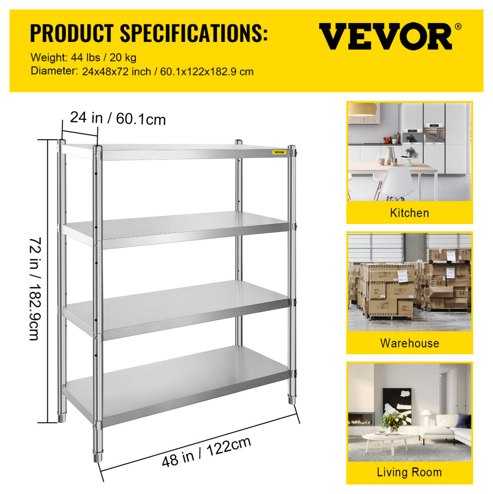 VEVOR Stainless Steel Shelf Heavy Duty Shelf 4 Layer Rack Kitchen Shelf Storage