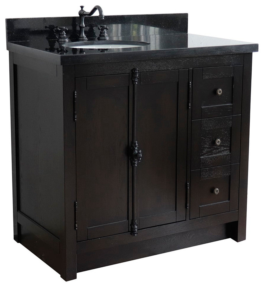 37" Single Vanity, Brown Ash With Black Galaxy Top, Left Doors/Left Oval Sink
