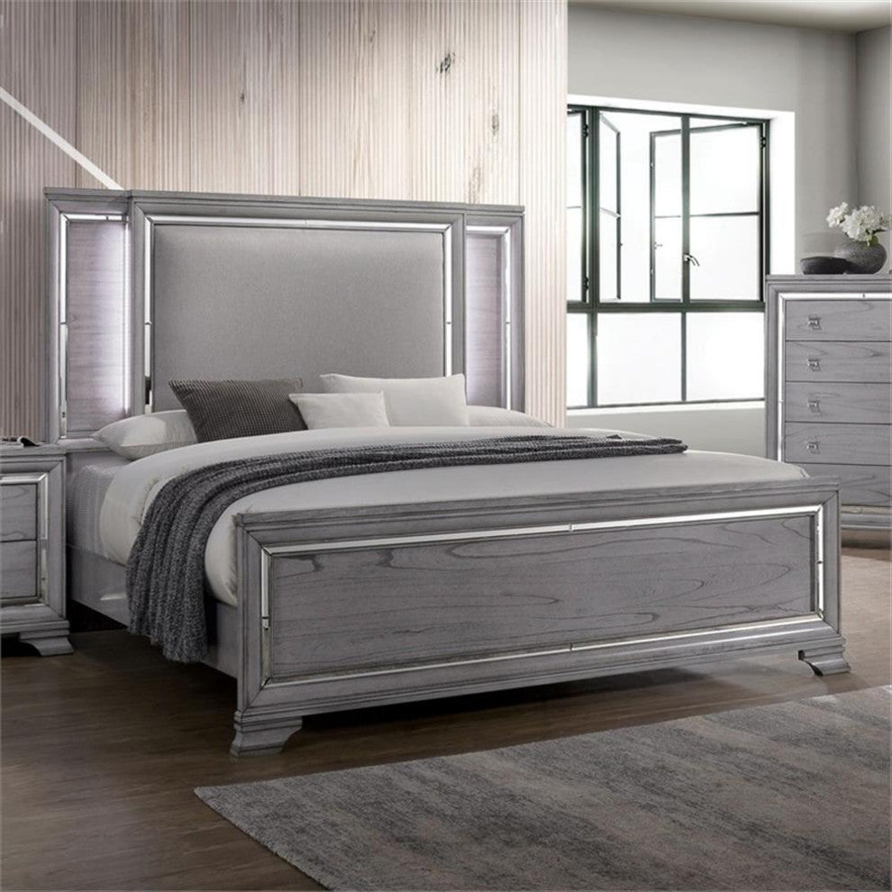 Furniture of America Hariston Wood Queen Bed with LED Lights in Light Gray