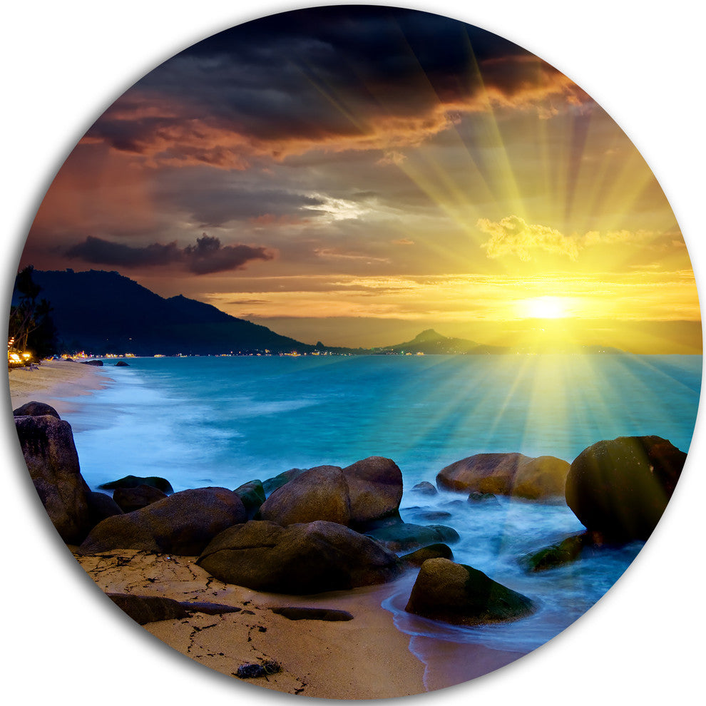 Bright Yellow Sun Over Blue Waters, Beach Disc Metal Wall Art, 11"