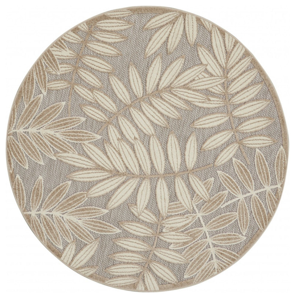 5' Round Gray And Ivory Round Floral Indoor Outdoor Area Rug
