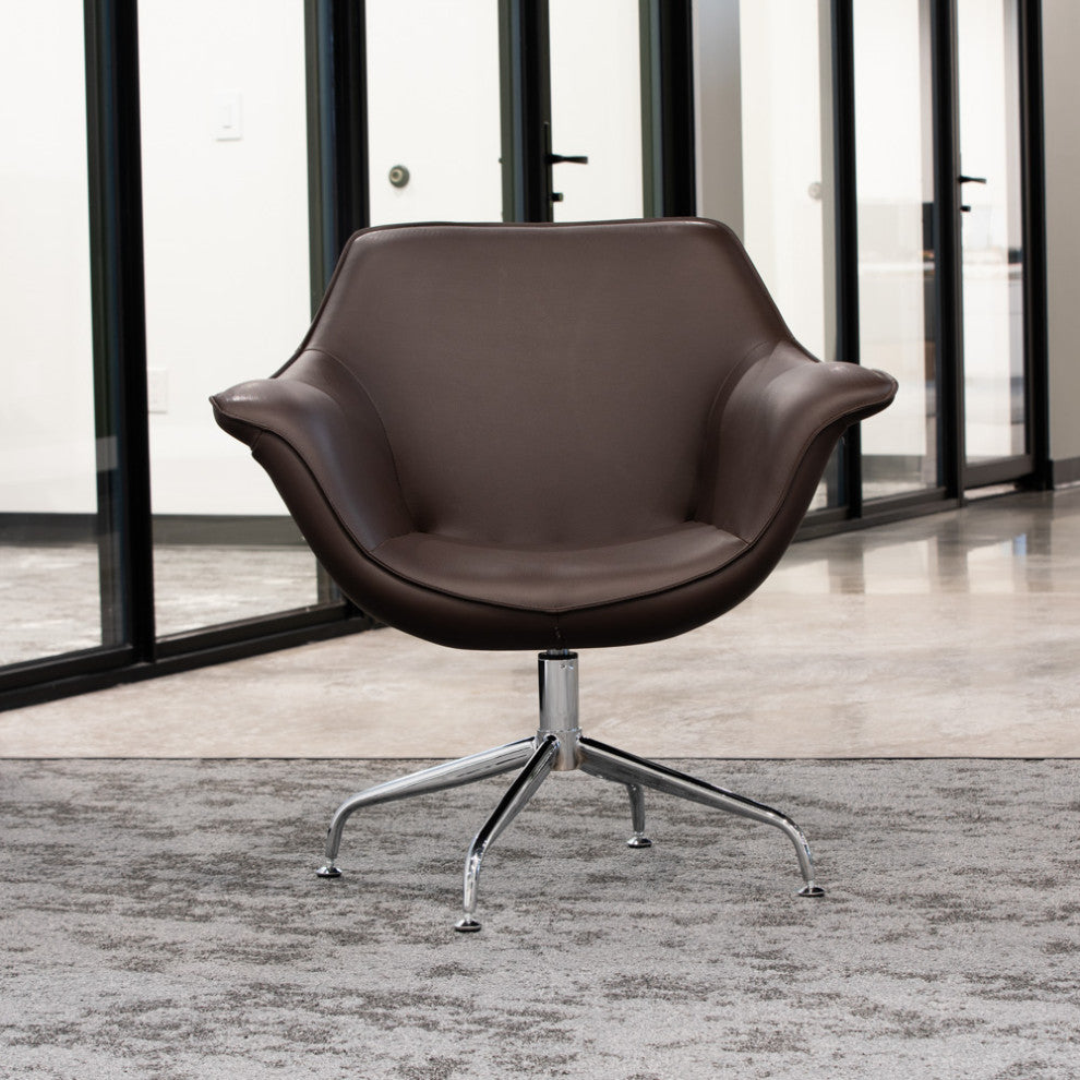 Modern Mala Swivel Chair Soft Leatherette Upholstery Stainless Steel Base, Brown