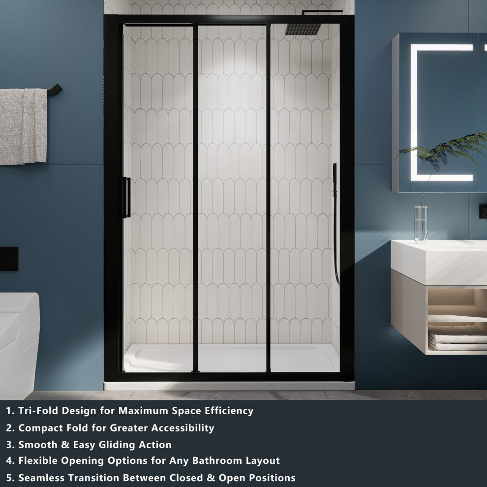 3-Panel Sliding Semi-Frameless Shower Door in Matte Black Finish, 54"x70"
