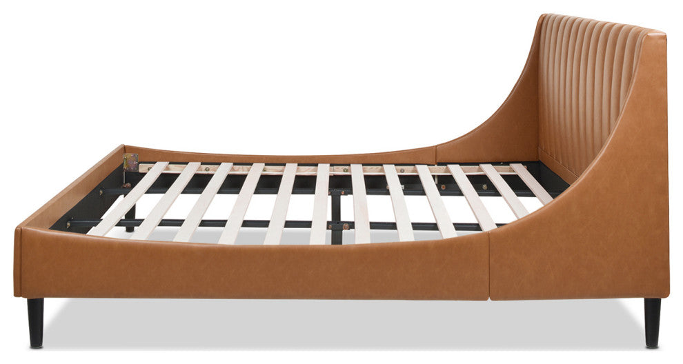 Aspen Modern Vertical Tufted Upholstered Platform Bed, Caramel Tan Brown Faux Leather, King