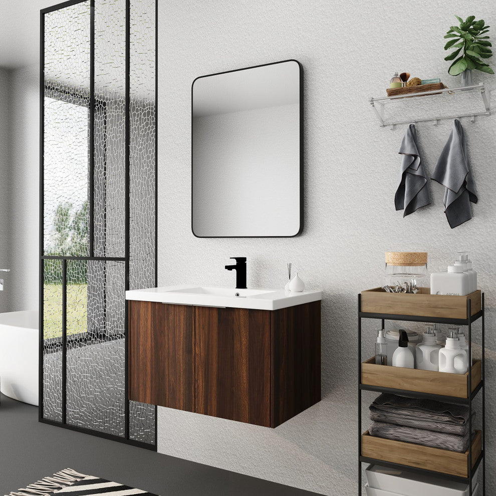 Wood Wall-Mounted Bathroom Vanity Set with Integrated Culture Marble Sink, 30 In
