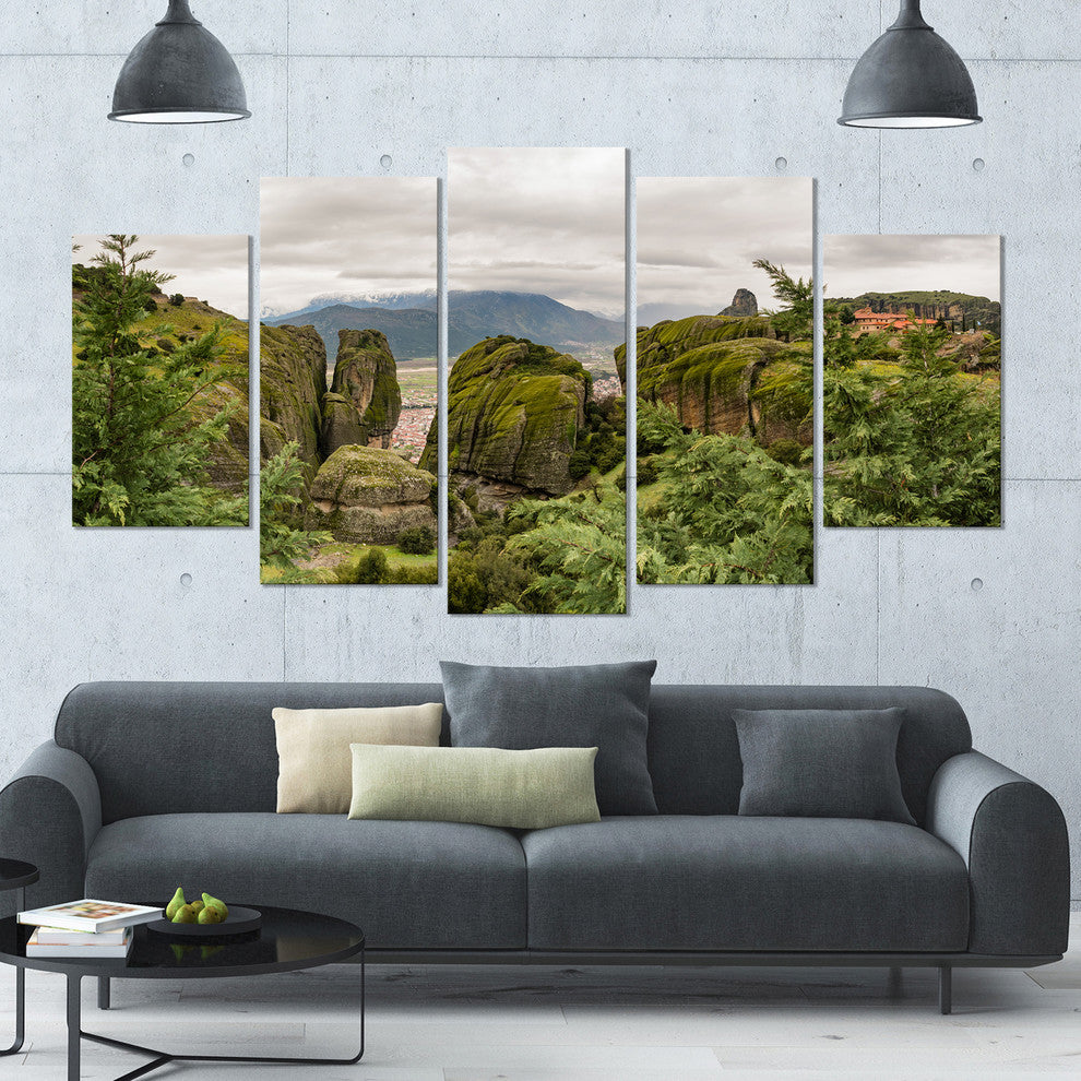 Meteora Mountain in Greece, Landscape Canvas Art Print, 60"x32", 5 Panels