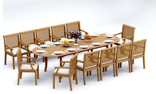 13-Piece Outdoor Teak Dining Set: 117" Masc Oval Extn Table, 12 Sack Arm Chairs