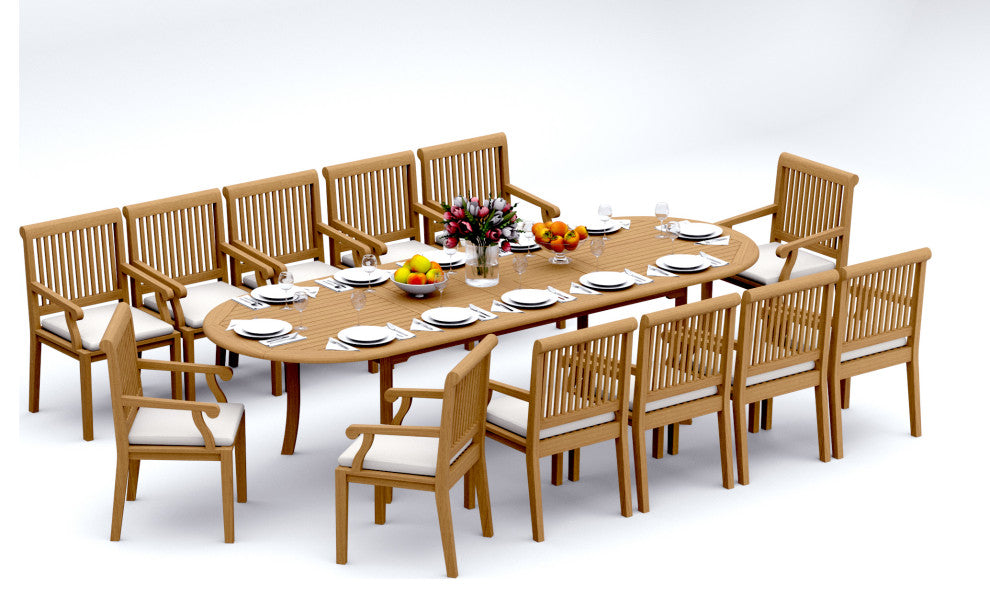 13-Piece Outdoor Teak Dining Set: 117" Masc Oval Extn Table, 12 Sack Arm Chairs