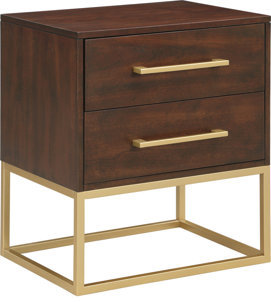 Maxine Wood Nightstand With Durable Brushed Gold Metal Base, Dark Cherry Finish