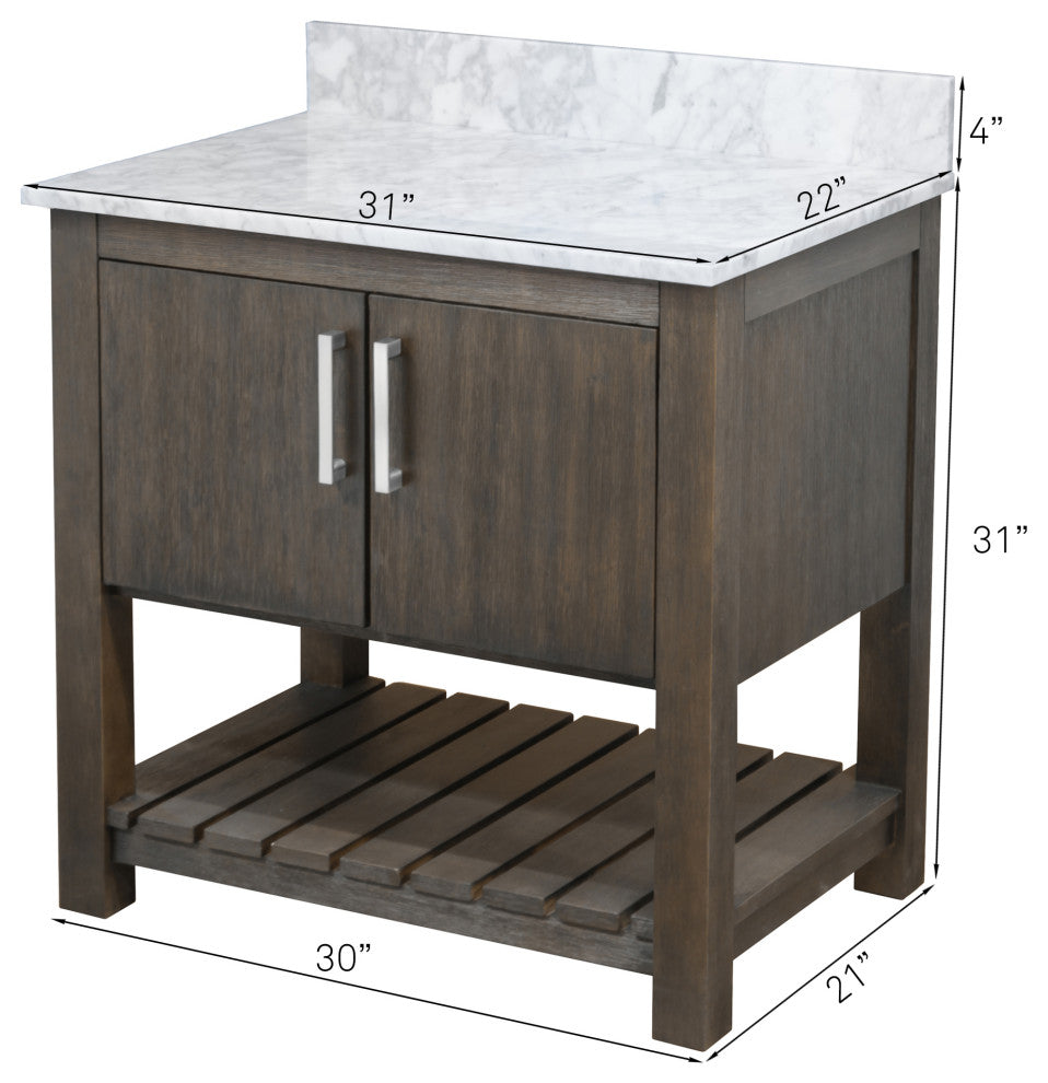 30" Vanity with Carrara White Marble Counter, Drain, Mounting Ring and P-Trap, Brushed Nickel, Without Mirror
