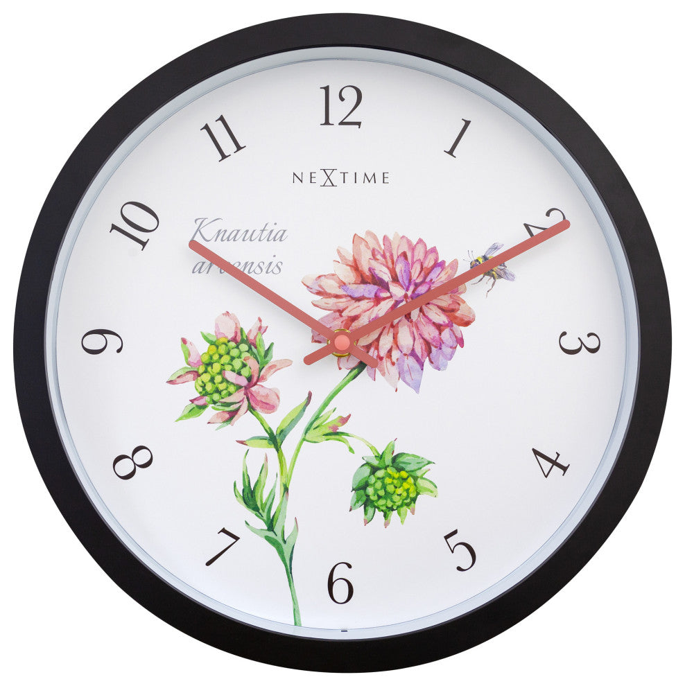 Weatherproof 12- Inch Decorative Garden Wall Clock , Pink Floral "Knautia"