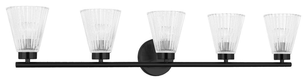 Vienna Vanity, 5 Light, Matte Black, Clear Ribbed Glass