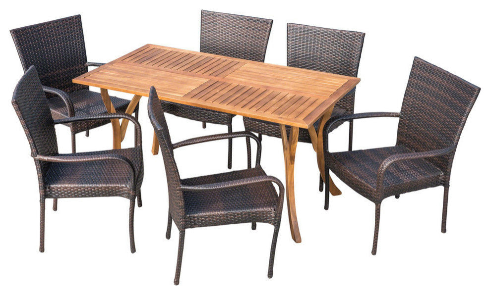 GDF Studio 7-Piece Yolanda Outdoor Acacia Wood/Wicker Dining Set