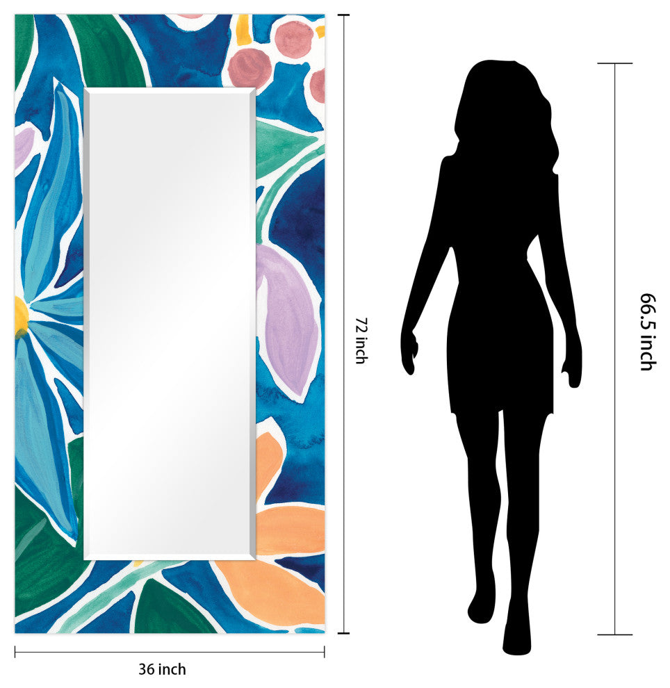 Blue Rectangular Beveled Mirror on Free Floating Printed Tempered Art Glass