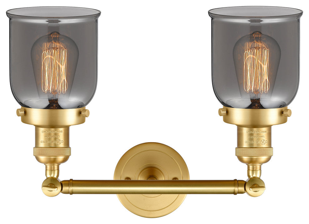 Small Bell 2 Light Bath Vanity Light, Satin Gold, Plated Smoke