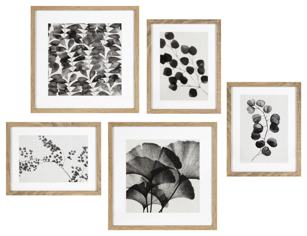 Black And White Florals Rustic Art Set, Natural 5 Piece
