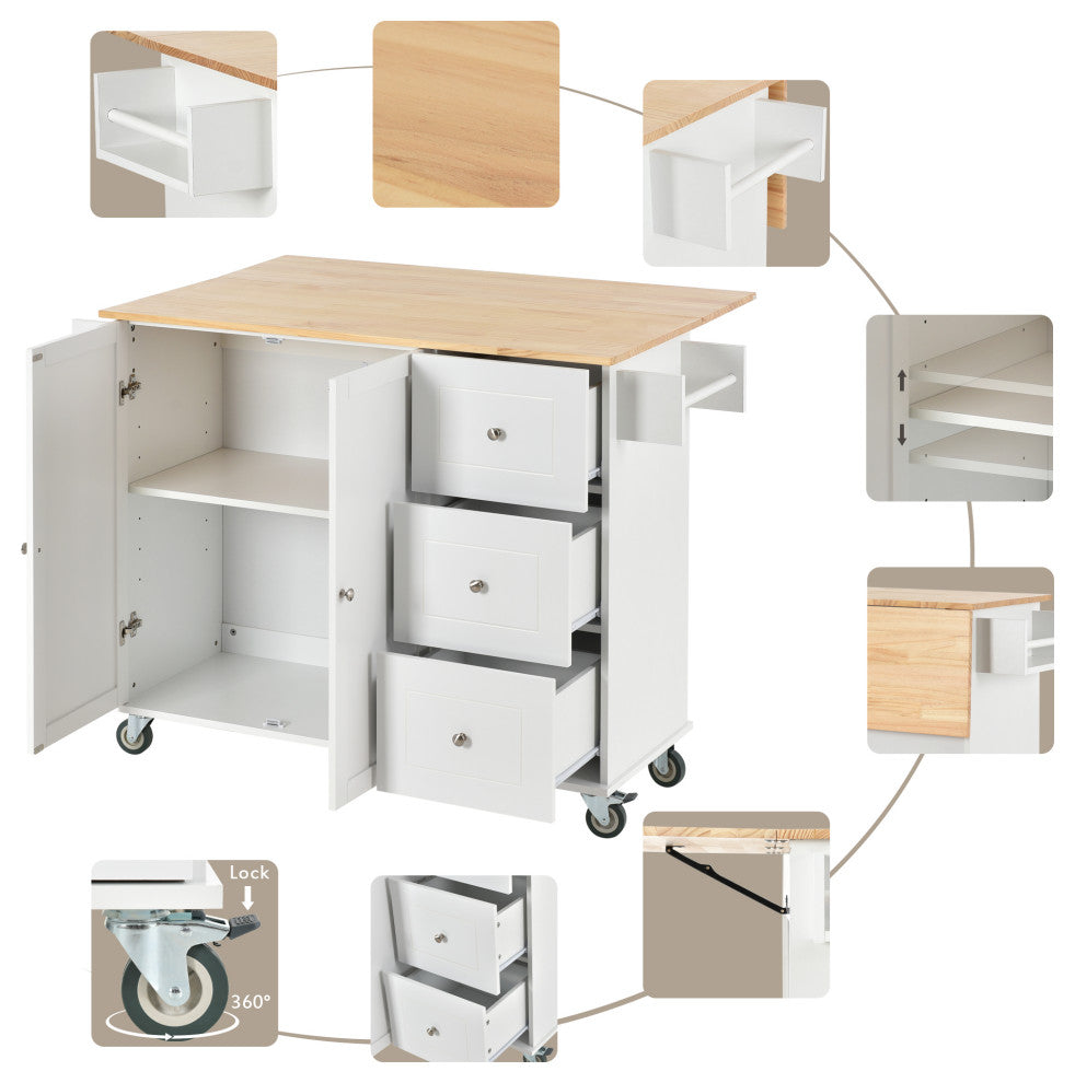 TATEUS Solid Wood Top Kitchen Island 52.7 Inch, White
