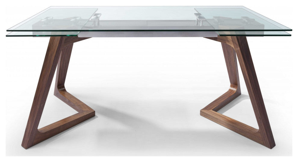 HomeRoots 63" X 35" X 30" Walnut Glass Stainless Steel Extendable Dining Table