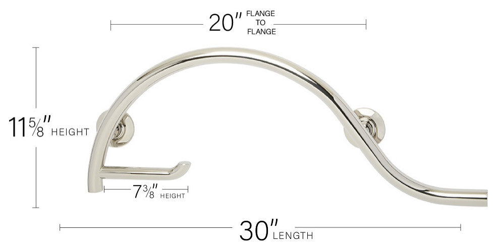 Curved Bathroom Shower Grab Bar w/ Toilet Paper Holder, Polished, Right-Handed