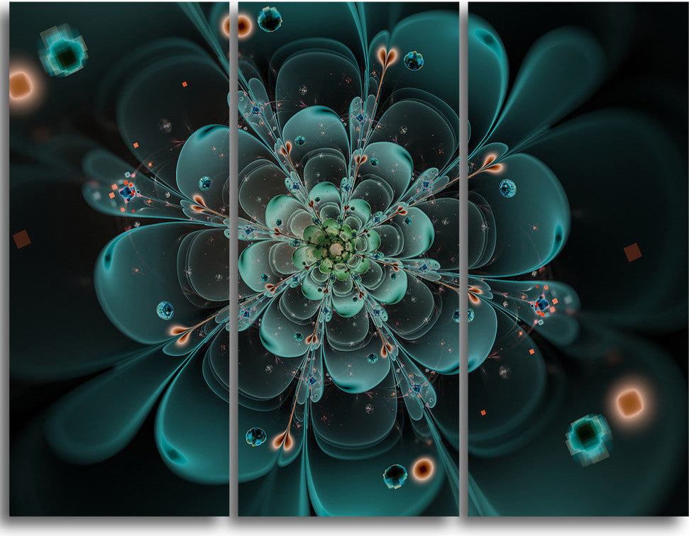 "Full Bloom Fractal Flower in Blue" Metal Wall Art, 3 Panels, 36"x28"