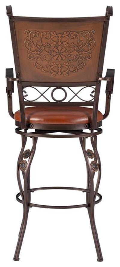 Bowery Hill 30" Traditional Metal/Faux Leather Swivel Bar Stool in Bronze