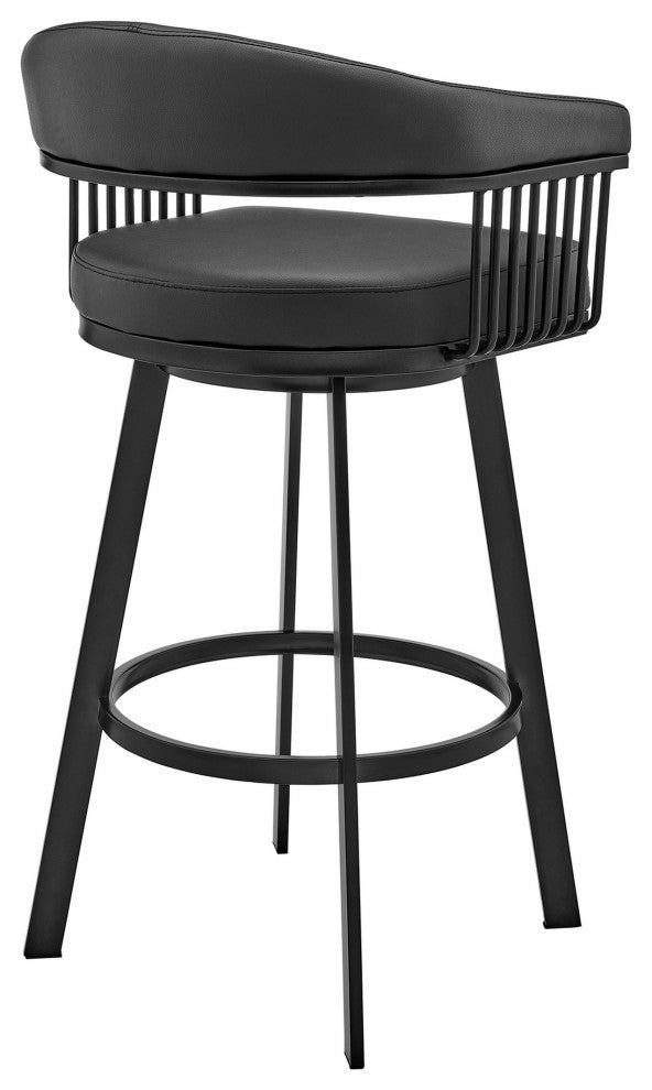 Benzara BM282070 Modern Bar Stool, Vegan Faux Leather, Slats, Swivel, Black