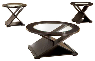 Benzara BM217446 Round Glass Coffee Table & End Table with X Shaped Base, Brown