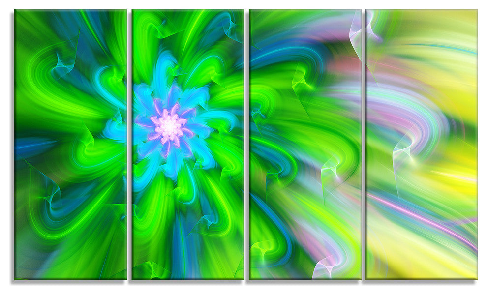 Dance of Green Flower Petals, Floral Canvas Art Print, 48"x28", 4 Panels