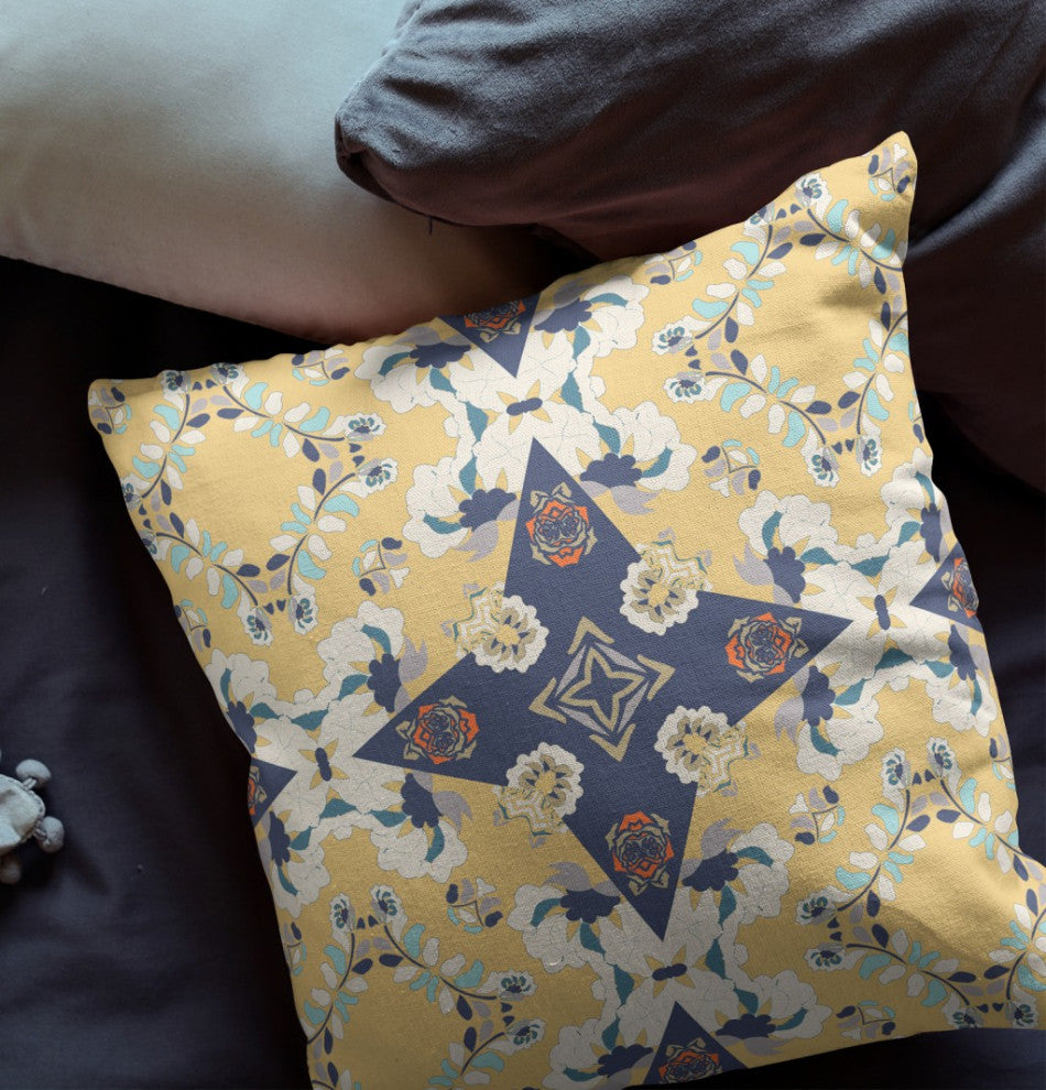 18" Yellow Navy Diamond Star Indoor Outdoor Zippered Throw Pillow